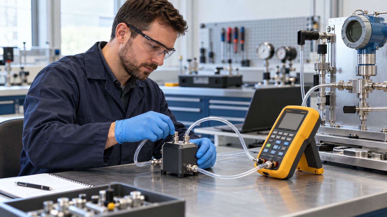 Calibration technician connecting a low-pressure module to a handheld pressure calibrator